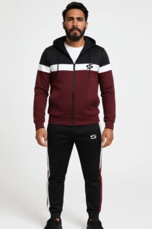 Winter Collection-Man's Only- 3 Strp Maroon, Black & White Premium Tracksuit.