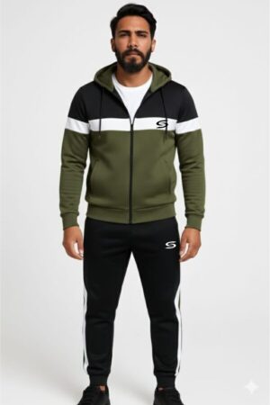 Winter Collection-Man's Only- 3 Strp Olive Green, Black & White Premium Tracksuit.