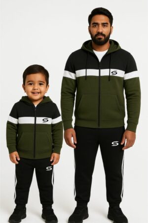 Winter Collection- 3 Strp Olive Green, Black & White Premium Tracksuit.. Father’s Style Edition .