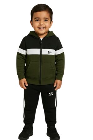 Winter Collection-Kid's Only- 3 Strp Olive Green, Black & White Premium Tracksuit.